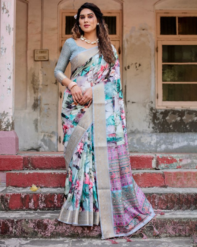 PURE SILK DIGITALLY PRINTED SAREE WEAVED WITH GOLDEN ZARI COMES WITH TASSELS