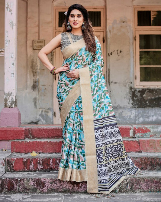 PURE SILK DIGITALLY PRINTED SAREE WEAVED WITH GOLDEN ZARI COMES WITH TASSELS