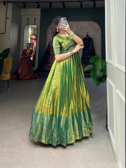Parrot Color Kanjivaram and Zari Weaving Work Gown