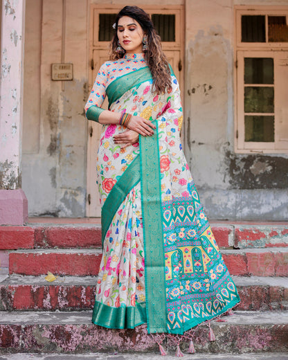 PURE SILK DIGITALLY PRINTED SAREE WEAVED WITH GOLDEN ZARI COMES WITH TASSELS