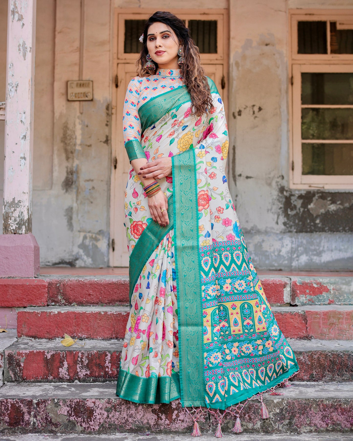 PURE SILK DIGITALLY PRINTED SAREE WEAVED WITH GOLDEN ZARI COMES WITH TASSELS