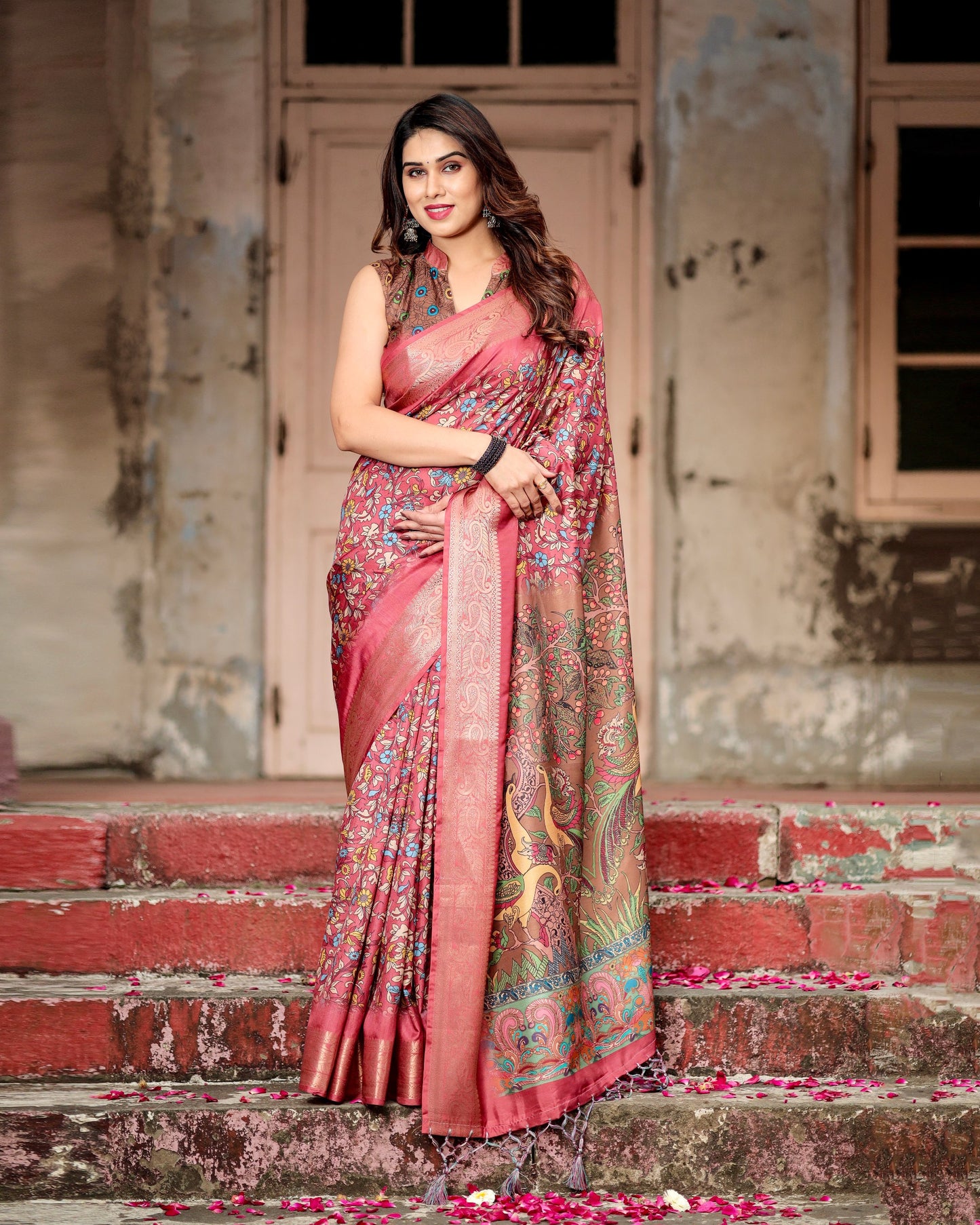 PURE SILK DIGITALLY PRINTED SAREE WEAVED WITH GOLDEN ZARI COMES WITH TASSELS