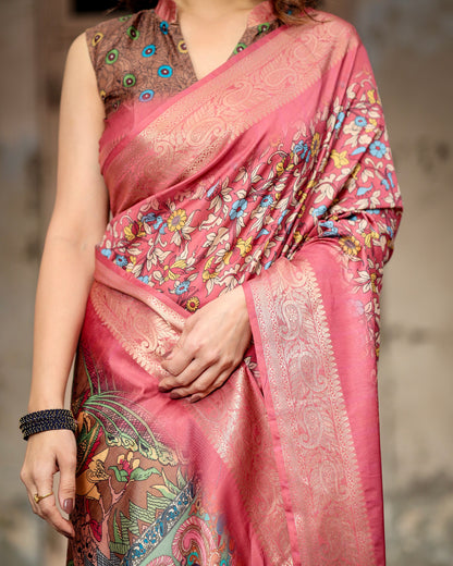 PURE SILK DIGITALLY PRINTED SAREE WEAVED WITH GOLDEN ZARI COMES WITH TASSELS