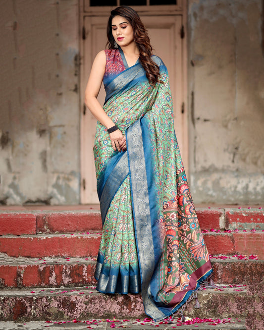 PURE SILK DIGITALLY PRINTED SAREE WEAVED WITH GOLDEN ZARI COMES WITH TASSELS