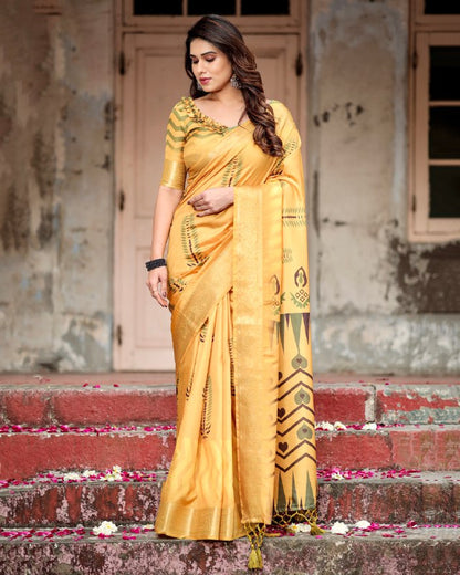 PURE SILK DIGITALLY PRINTED SAREE WEAVED WITH GOLDEN ZARI COMES WITH TASSELS