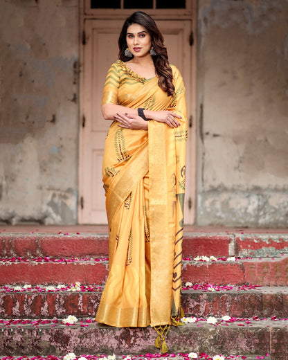 PURE SILK DIGITALLY PRINTED SAREE WEAVED WITH GOLDEN ZARI COMES WITH TASSELS