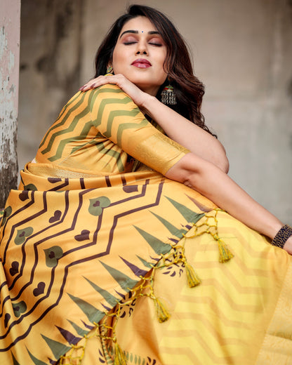 PURE SILK DIGITALLY PRINTED SAREE WEAVED WITH GOLDEN ZARI COMES WITH TASSELS