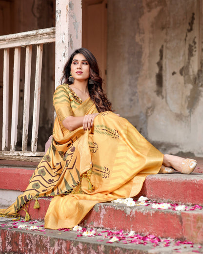 PURE SILK DIGITALLY PRINTED SAREE WEAVED WITH GOLDEN ZARI COMES WITH TASSELS