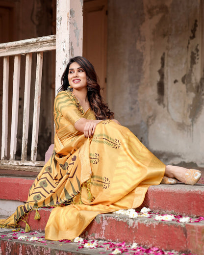 PURE SILK DIGITALLY PRINTED SAREE WEAVED WITH GOLDEN ZARI COMES WITH TASSELS