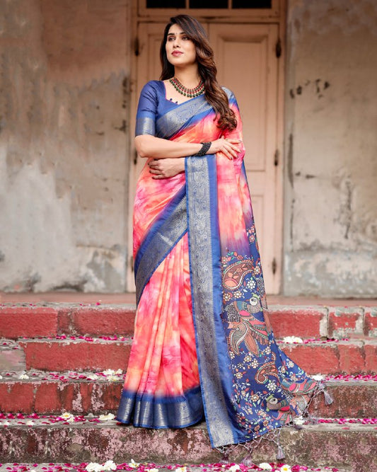 PURE SILK DIGITALLY PRINTED SAREE WEAVED WITH GOLDEN ZARI COMES WITH TASSELS