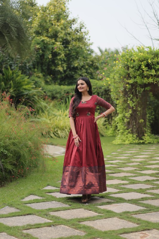 Maroon Banarasi Jacquard Silk With Texture Designer Weaving Design Gown