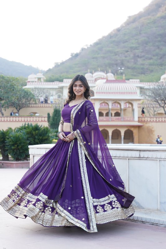 Purple Color Faux Blooming Georgette With Heavy Sequins Embroidered work Lehenga