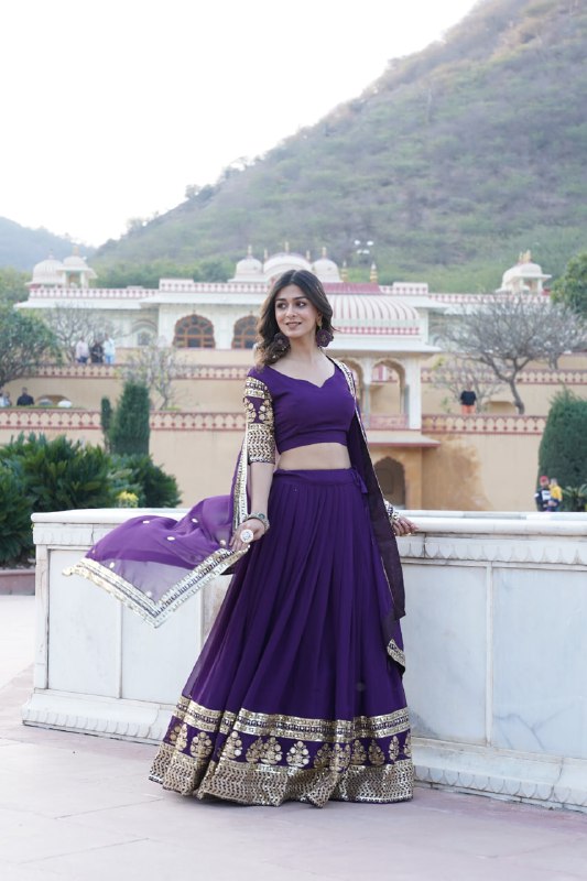 Purple Color Faux Blooming Georgette With Heavy Sequins Embroidered work Lehenga