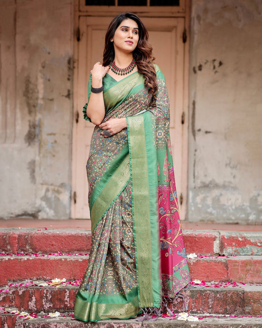 PURE SILK DIGITALLY PRINTED SAREE WEAVED WITH GOLDEN ZARI COMES WITH TASSELS