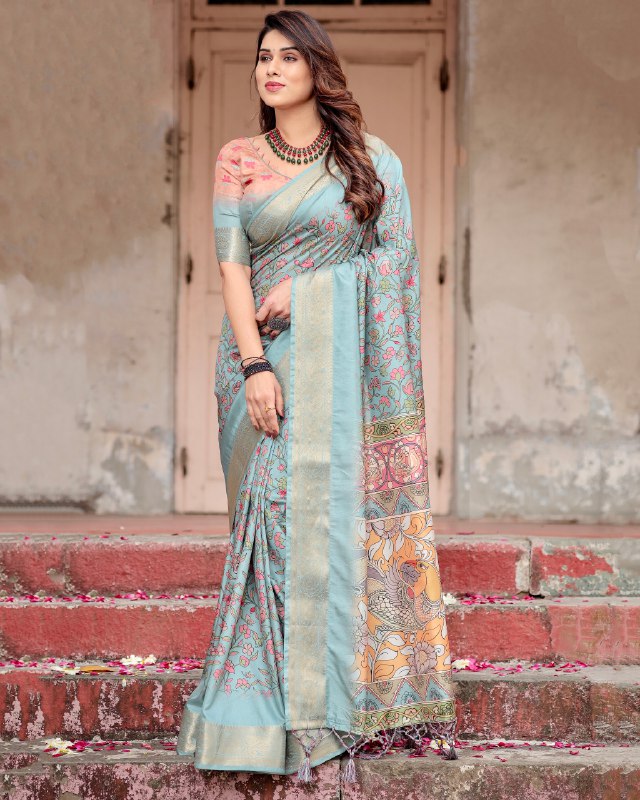 PURE SILK DIGITALLY PRINTED SAREE WEAVED WITH GOLDEN ZARI COMES WITH TASSELS