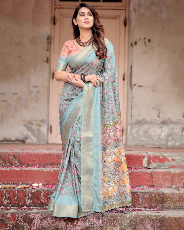 PURE SILK DIGITALLY PRINTED SAREE WEAVED WITH GOLDEN ZARI COMES WITH TASSELS