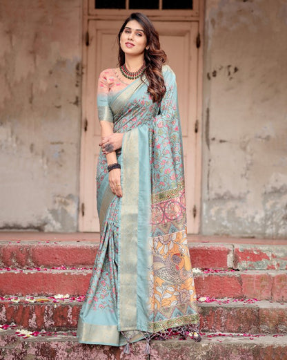 PURE SILK DIGITALLY PRINTED SAREE WEAVED WITH GOLDEN ZARI COMES WITH TASSELS