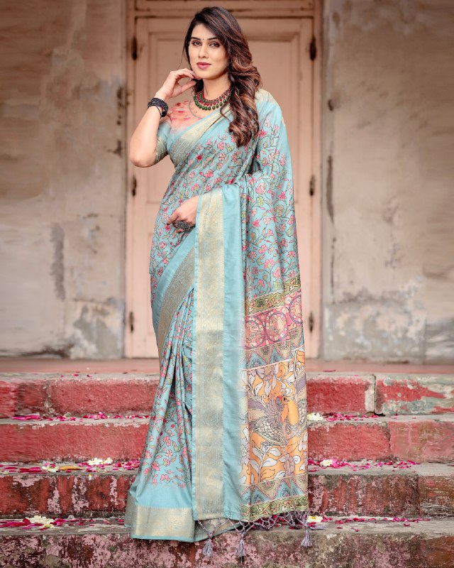 PURE SILK DIGITALLY PRINTED SAREE WEAVED WITH GOLDEN ZARI COMES WITH TASSELS