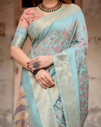 PURE SILK DIGITALLY PRINTED SAREE WEAVED WITH GOLDEN ZARI COMES WITH TASSELS