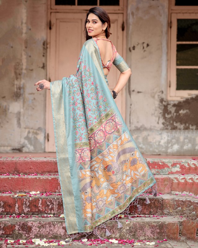 PURE SILK DIGITALLY PRINTED SAREE WEAVED WITH GOLDEN ZARI COMES WITH TASSELS