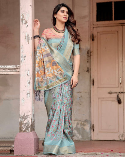 PURE SILK DIGITALLY PRINTED SAREE WEAVED WITH GOLDEN ZARI COMES WITH TASSELS