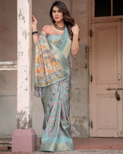 PURE SILK DIGITALLY PRINTED SAREE WEAVED WITH GOLDEN ZARI COMES WITH TASSELS