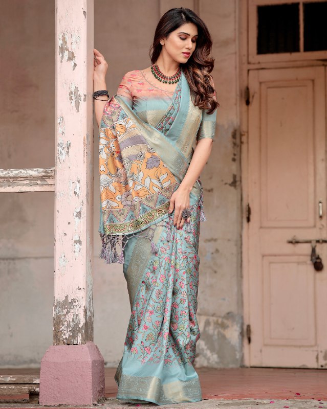 PURE SILK DIGITALLY PRINTED SAREE WEAVED WITH GOLDEN ZARI COMES WITH TASSELS