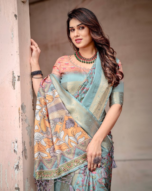 PURE SILK DIGITALLY PRINTED SAREE WEAVED WITH GOLDEN ZARI COMES WITH TASSELS