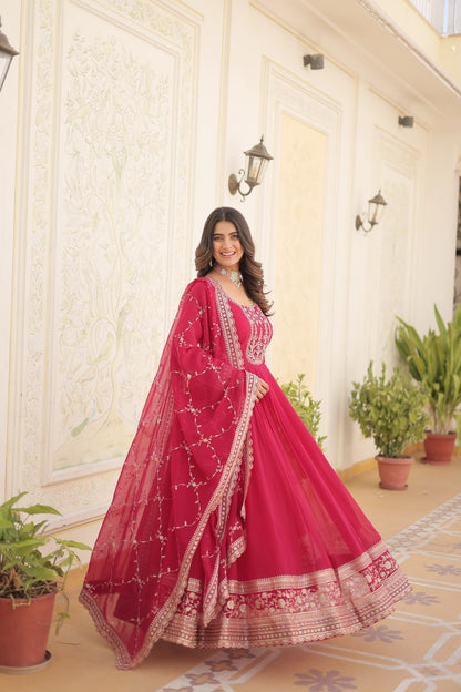 Pink Color Faux Blooming with Rich Sequins Embroidered Work Gown