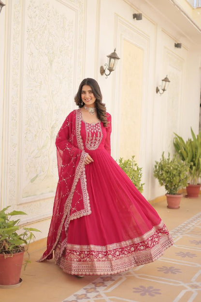 Pink Color Faux Blooming with Rich Sequins Embroidered Work Gown