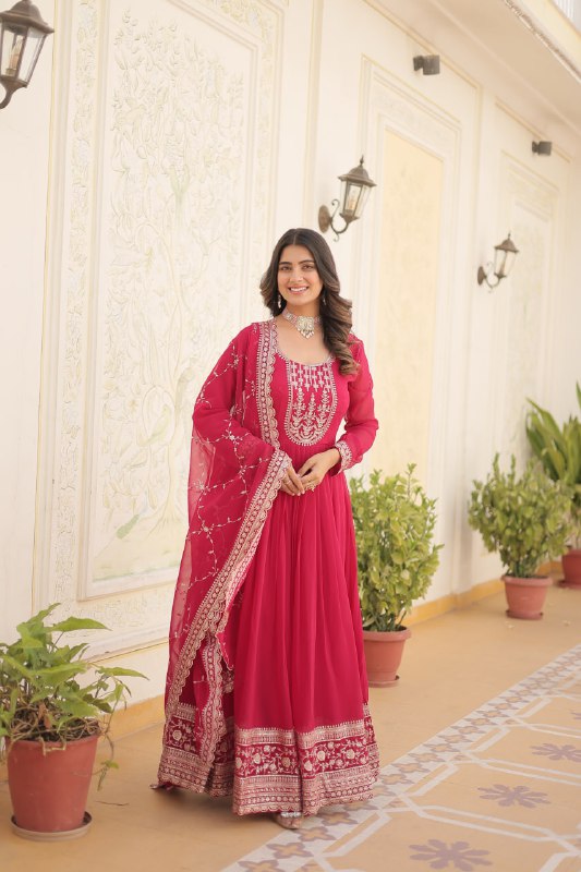 Pink Color Faux Blooming with Rich Sequins Embroidered Work Gown