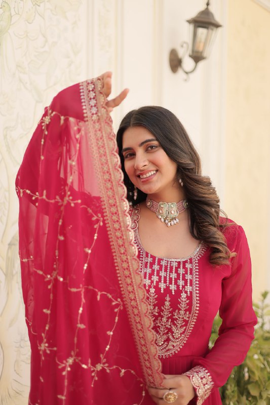 Pink Color Faux Blooming with Rich Sequins Embroidered Work Gown