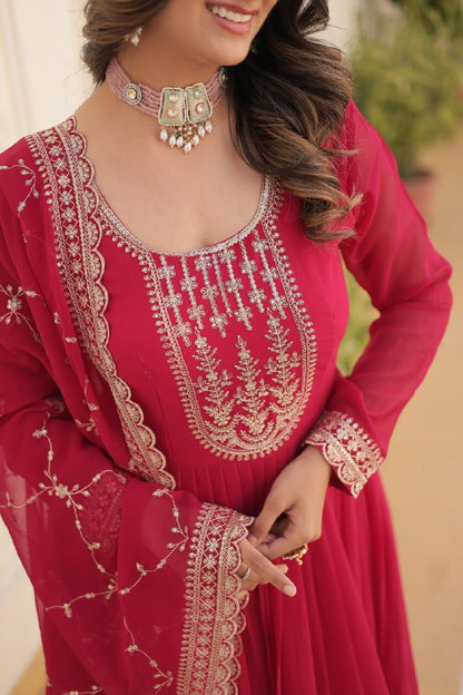 Pink Color Faux Blooming with Rich Sequins Embroidered Work Gown