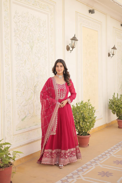 Pink Color Faux Blooming with Rich Sequins Embroidered Work Gown