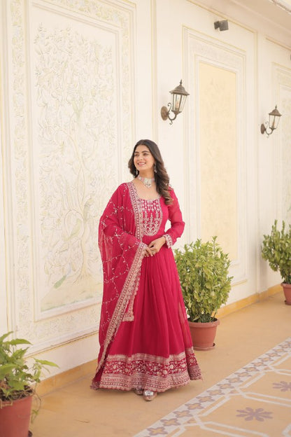 Pink Color Faux Blooming with Rich Sequins Embroidered Work Gown