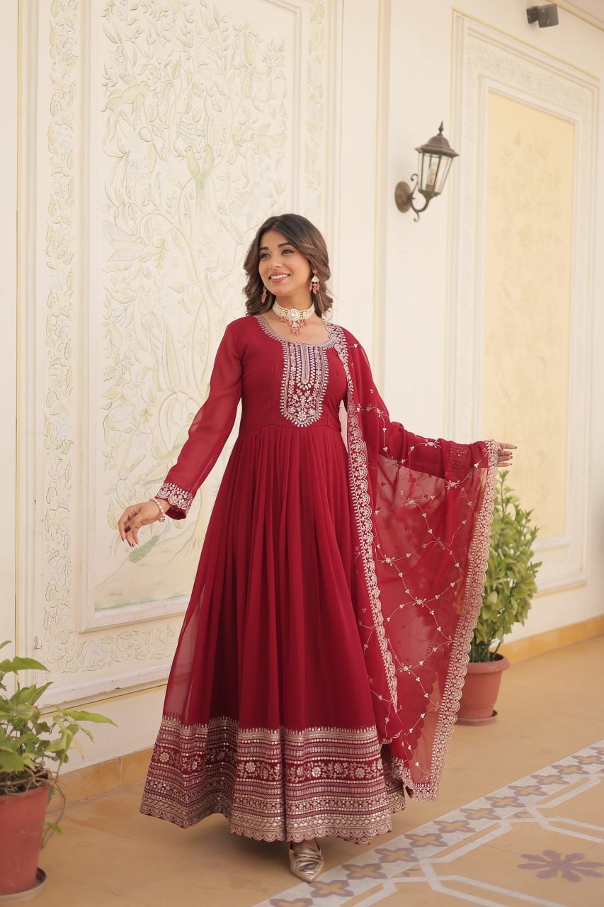 Maroon Color Faux Blooming with Rich Sequins Embroidered Work Gown