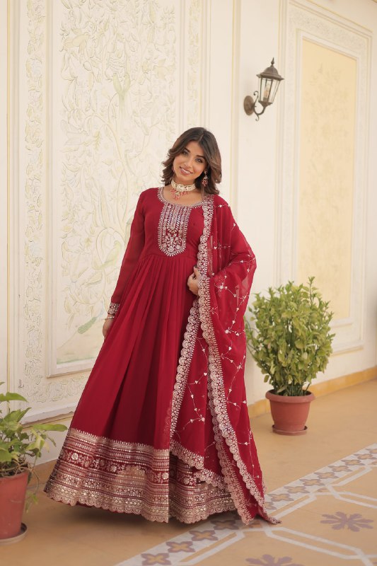 Maroon Color Faux Blooming with Rich Sequins Embroidered Work Gown