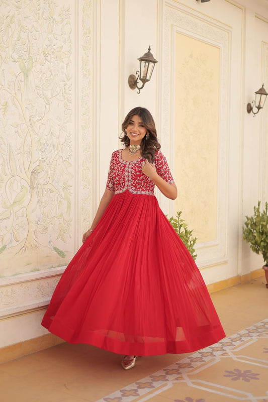 Red Luxury Clothing Faux Blooming With Embroidery Zari Sequins-Work Gown