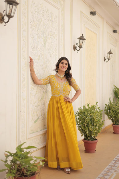 Yellow Luxury Clothing Faux Blooming With Embroidery Zari Sequins-Work Gown