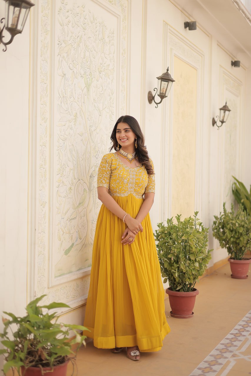 Yellow Luxury Clothing Faux Blooming With Embroidery Zari Sequins-Work Gown