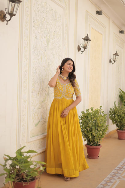 Yellow Luxury Clothing Faux Blooming With Embroidery Zari Sequins-Work Gown