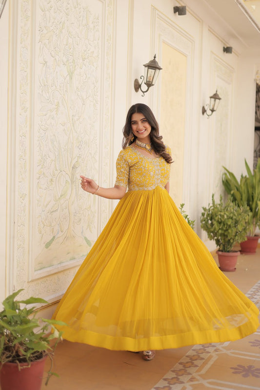 Yellow Luxury Clothing Faux Blooming With Embroidery Zari Sequins-Work Gown