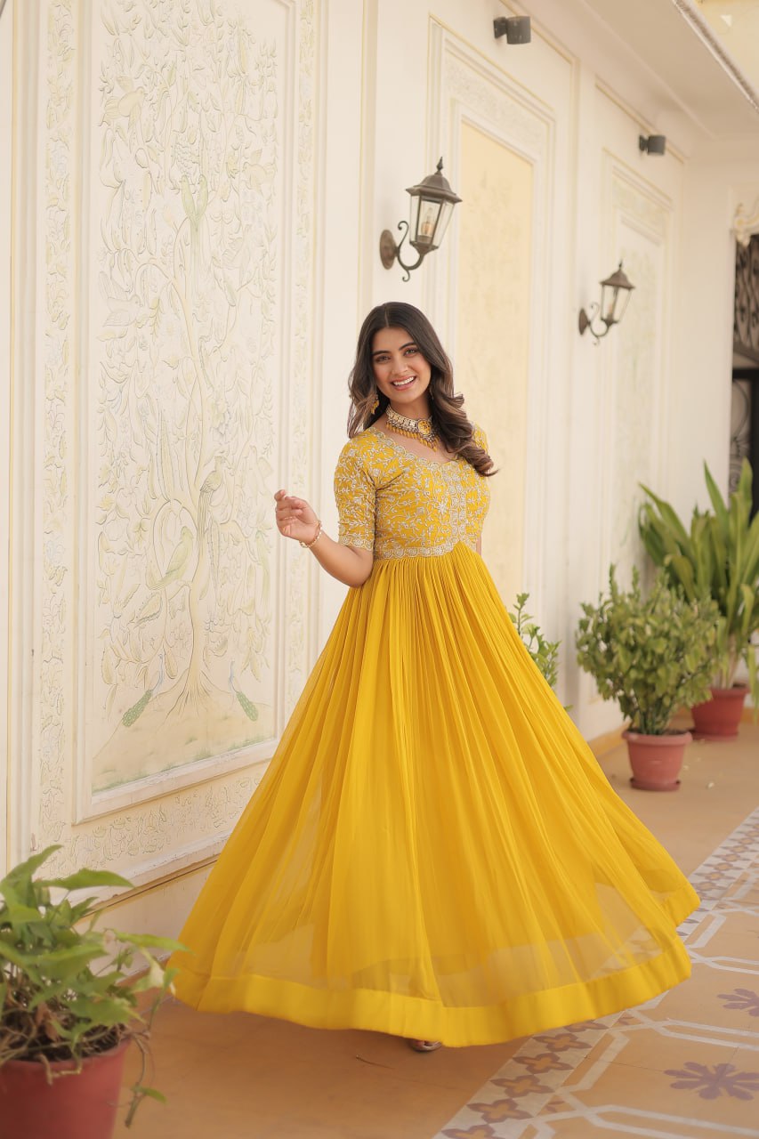 Yellow Luxury Clothing Faux Blooming With Embroidery Zari Sequins-Work Gown