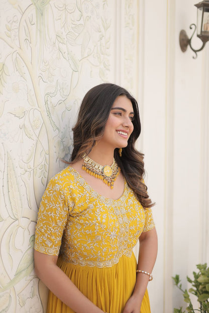 Yellow Luxury Clothing Faux Blooming With Embroidery Zari Sequins-Work Gown