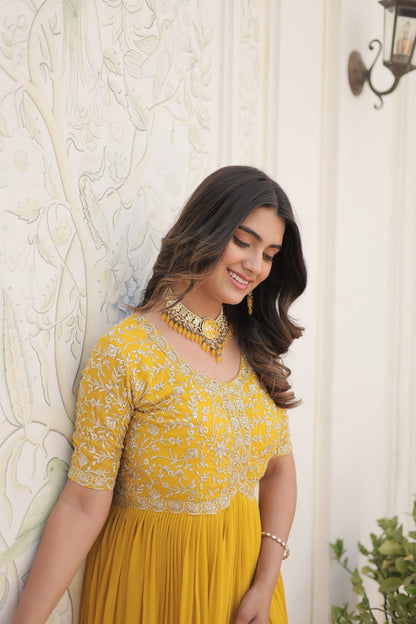 Yellow Luxury Clothing Faux Blooming With Embroidery Zari Sequins-Work Gown