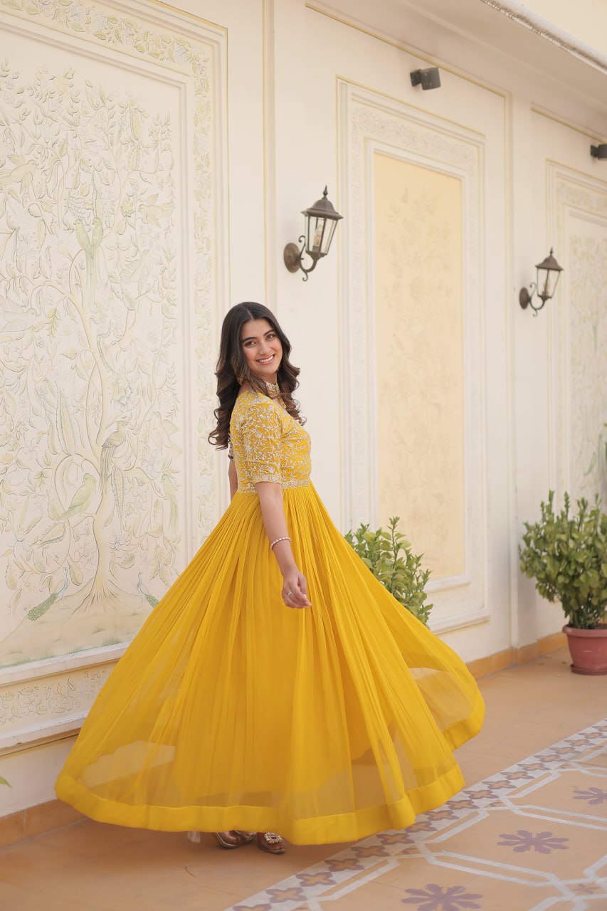 Yellow Luxury Clothing Faux Blooming With Embroidery Zari Sequins-Work Gown