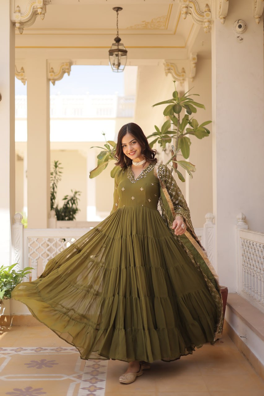 Mehendi Color Designer Festive Wear Gown featuring Attractive Sequins Embroidery Work Gown