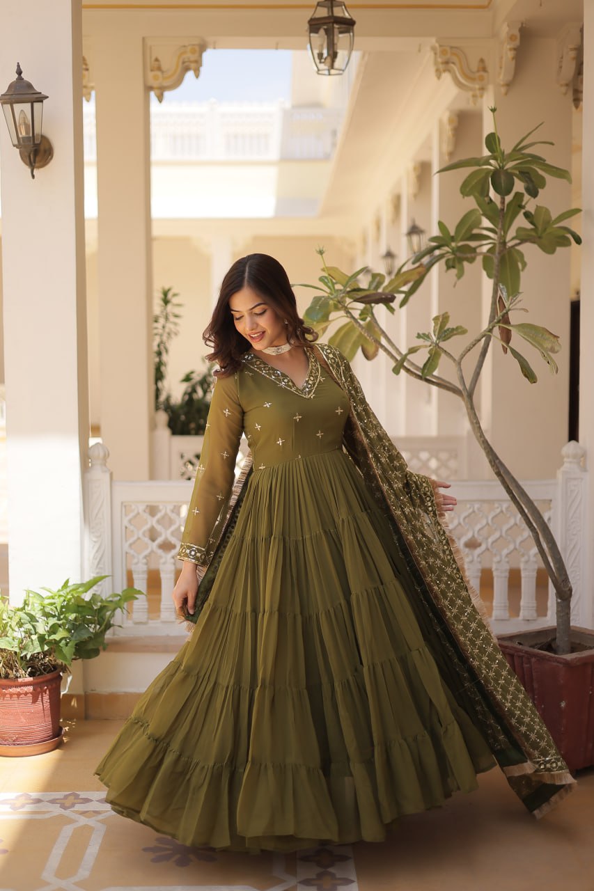 Mehendi Color Designer Festive Wear Gown featuring Attractive Sequins Embroidery Work Gown