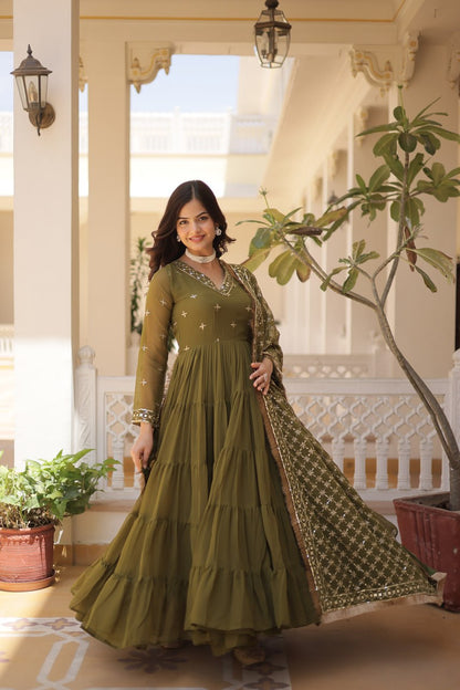 Mehendi Color Designer Festive Wear Gown featuring Attractive Sequins Embroidery Work Gown