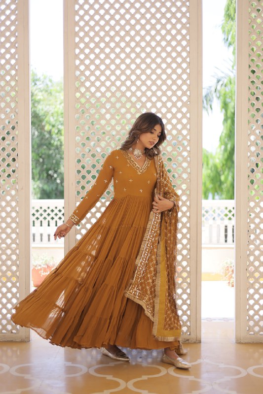 Mustard Color Designer Festive Wear Gown featuring Attractive Sequins Embroidery Work Gown